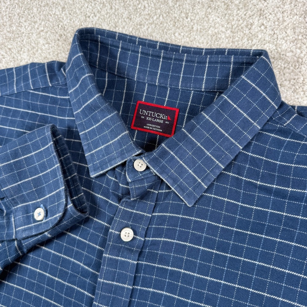 UNTUCKit Button Down Mens XXL Blue Windowpane Grid Long Sleeve Cotton Shirt